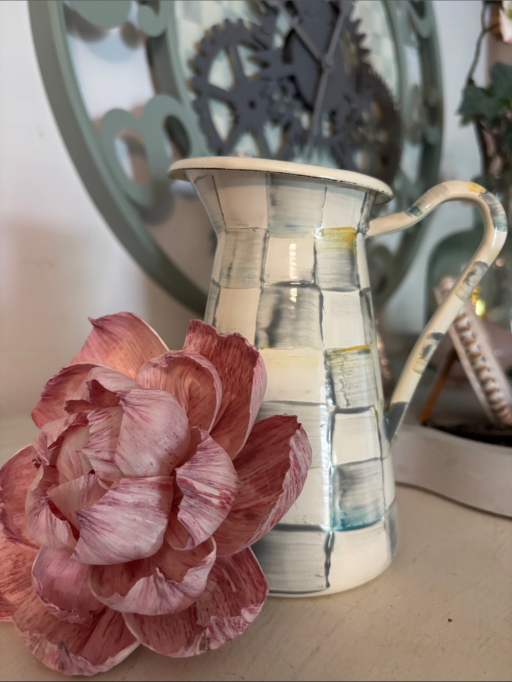 Mackenzie-Childs Sterling Check  Enamel Pitcher. Very sweet, small.